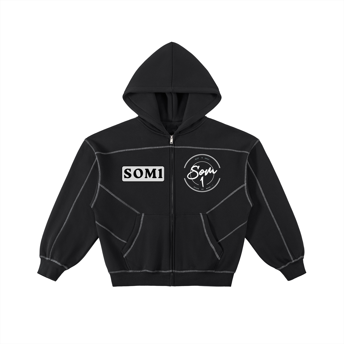 Contrast-Stitched Boxy Fleece Zip Hoodie