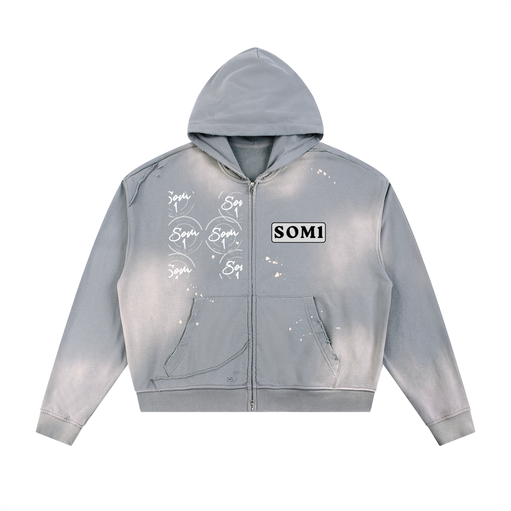 Sun Fade Frayed Raw Edge Fleece Zip Hoodie