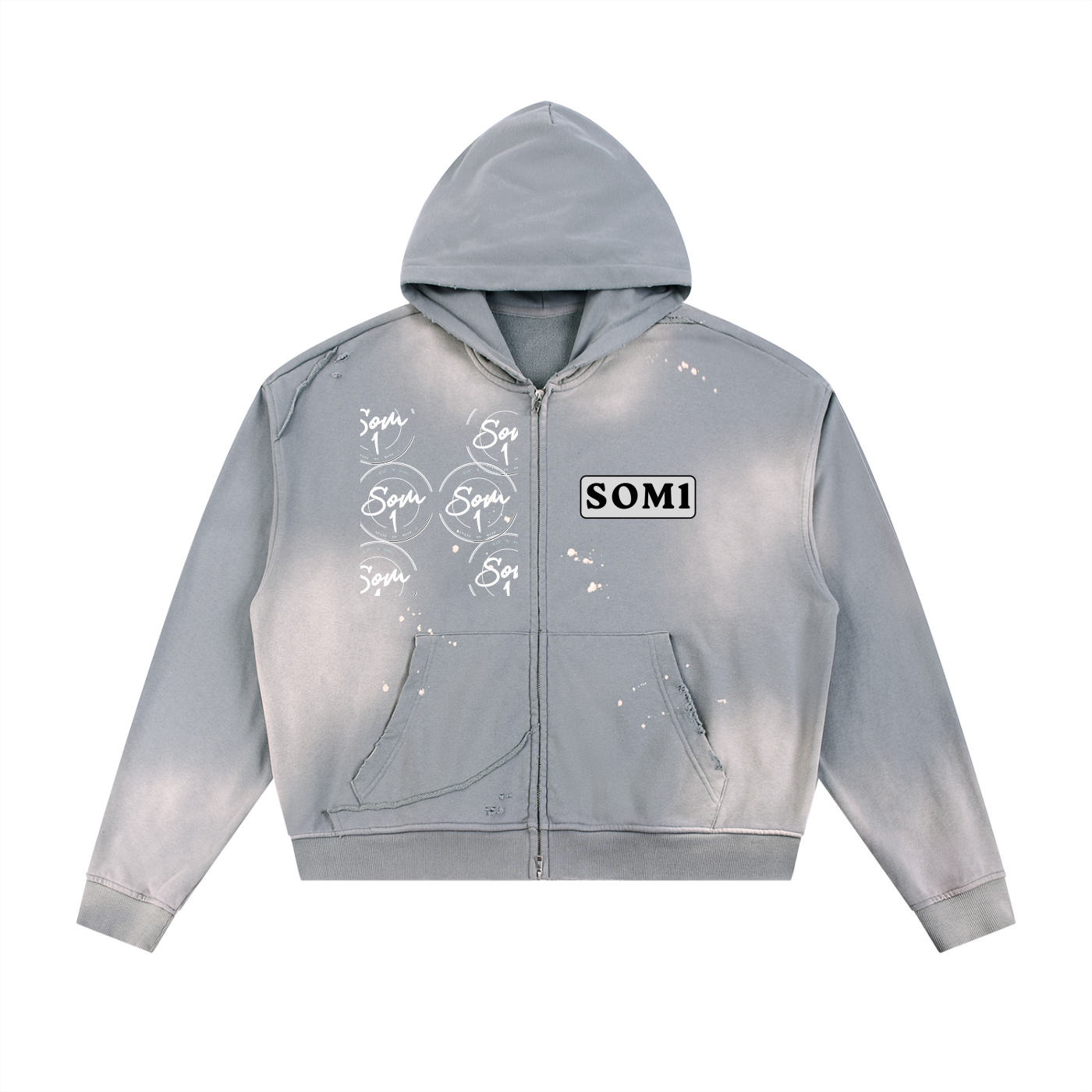 Sun Fade Frayed Raw Edge Fleece Zip Hoodie
