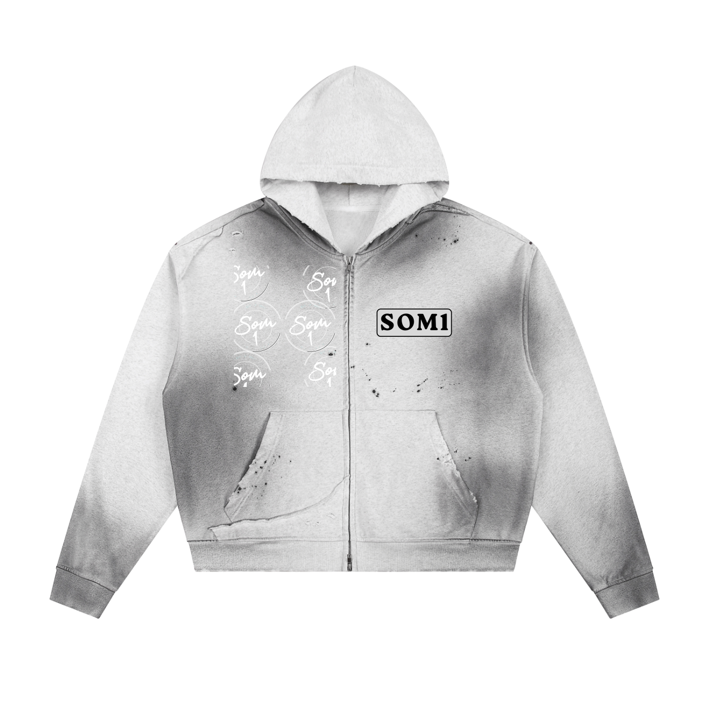 Sun Fade Frayed Raw Edge Fleece Zip Hoodie