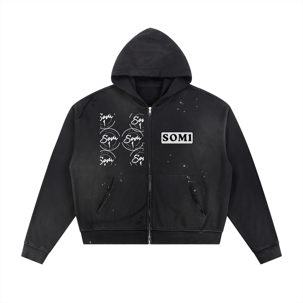 Sun Fade Frayed Raw Edge Fleece Zip Hoodie